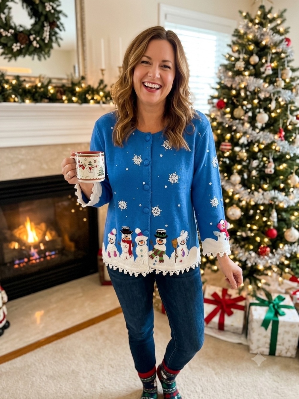 Michael Simon Royal Blue Snowmen Embellished Cardigan